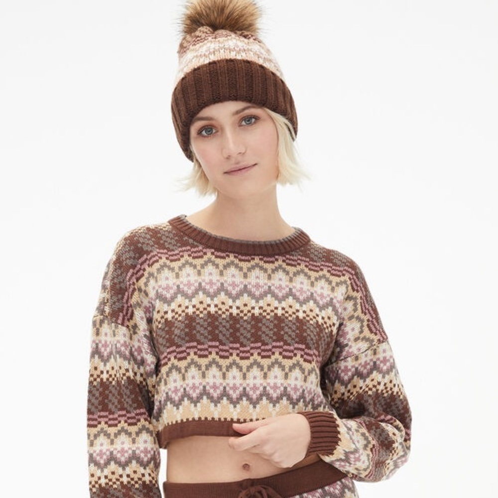 Aeropostale Women’s Brown Cream Fair Isle Cropped Crew Sweater Size Medium